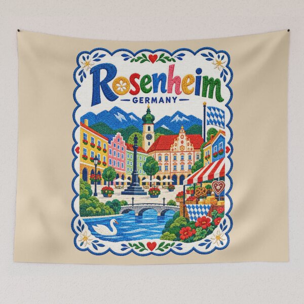 Item preview, Rosenheim Germany Embroidered Travel Illustration Bavarian Folk Art Town Square designed and sold by Witsprings.