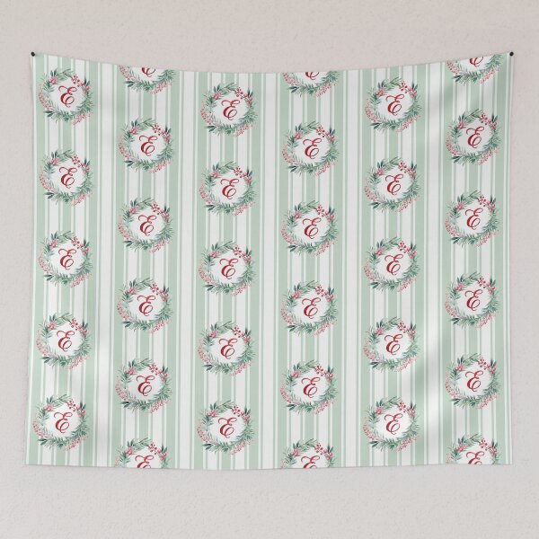 Item preview, E Initial Christmas Wreath with Green Striped Background designed and sold by Feeling Artsy.