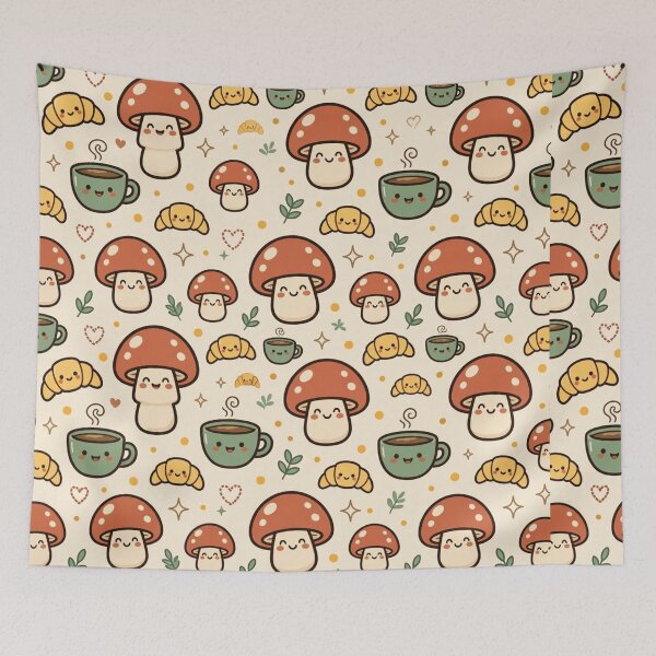 Item preview, Kawaii Breakfast Pattern with Mushrooms and Coffee designed and sold by PunchDrop.