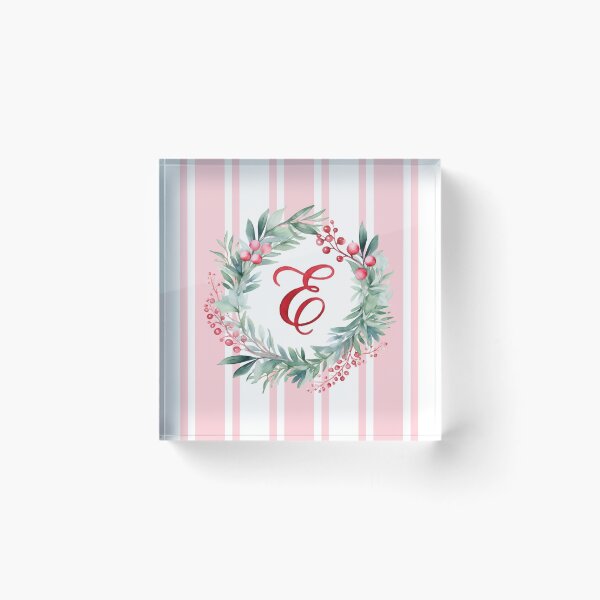 Item preview, E Initial Christmas Wreath with Pink Striped Background designed and sold by Feeling Artsy.