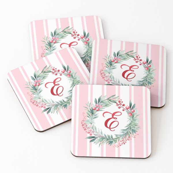 Item preview, E Initial Christmas Wreath with Pink Striped Background designed and sold by Feeling Artsy.