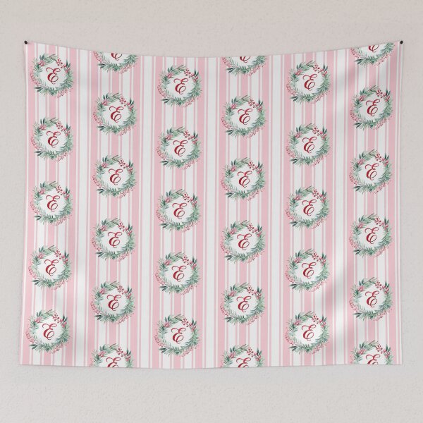 Item preview, E Initial Christmas Wreath with Pink Striped Background designed and sold by Feeling Artsy.