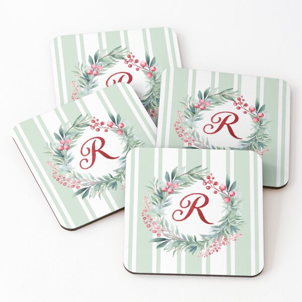 Item preview, R Initial Christmas Wreath with Green Striped Background designed and sold by Feeling Artsy.