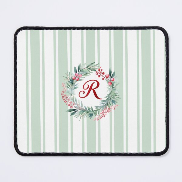 Item preview, R Initial Christmas Wreath with Green Striped Background designed and sold by Feeling Artsy.