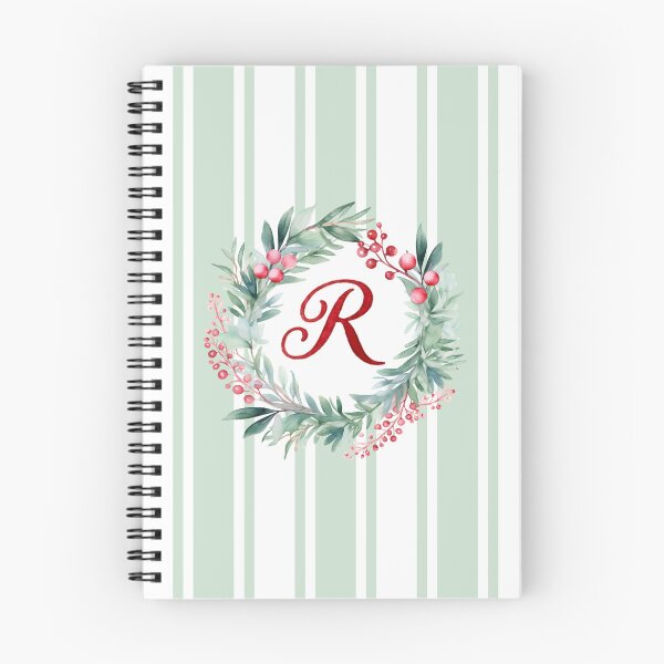 Item preview, R Initial Christmas Wreath with Green Striped Background designed and sold by Feeling Artsy.