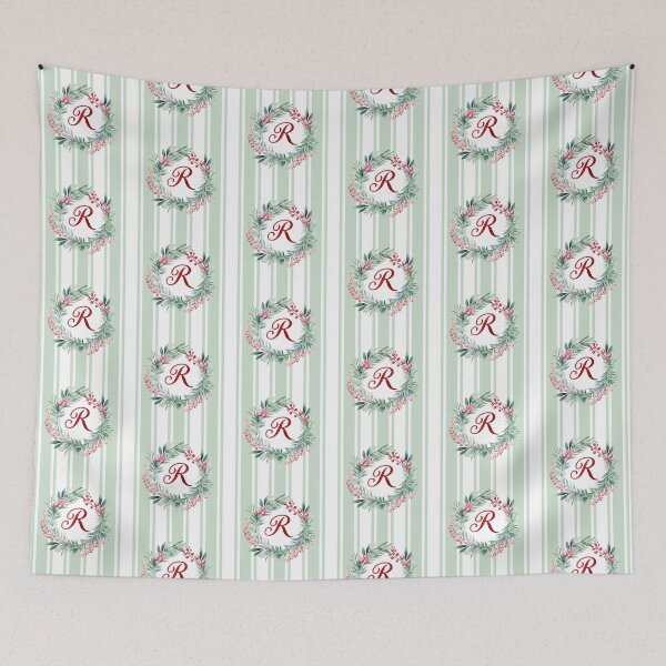 Item preview, R Initial Christmas Wreath with Green Striped Background designed and sold by Feeling Artsy.