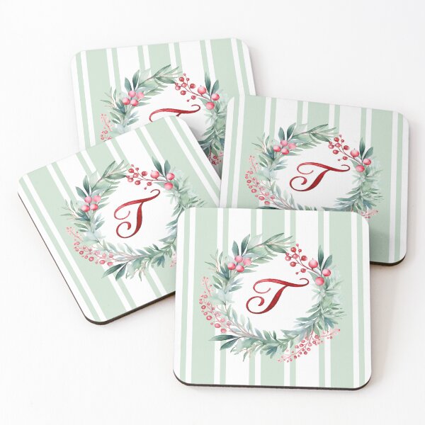 Item preview, T Initial Christmas Wreath with Green Striped Background designed and sold by Feeling Artsy.