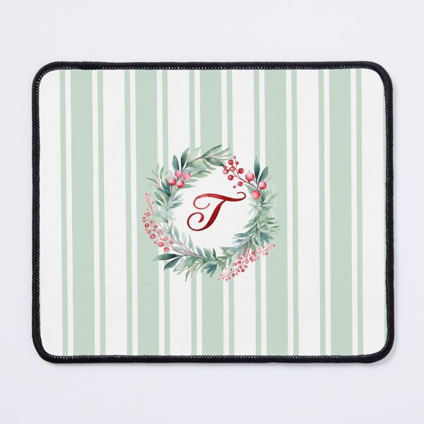 Item preview, T Initial Christmas Wreath with Green Striped Background designed and sold by Feeling Artsy.