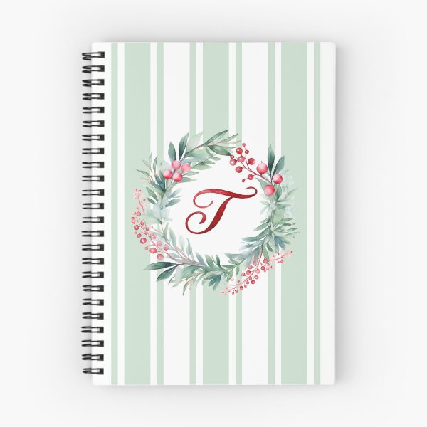 Item preview, T Initial Christmas Wreath with Green Striped Background designed and sold by Feeling Artsy.