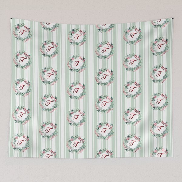 Item preview, T Initial Christmas Wreath with Green Striped Background designed and sold by Feeling Artsy.