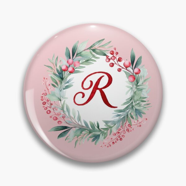 Item preview, R Initial Christmas Wreath with Pink Striped Background designed and sold by Feeling Artsy.