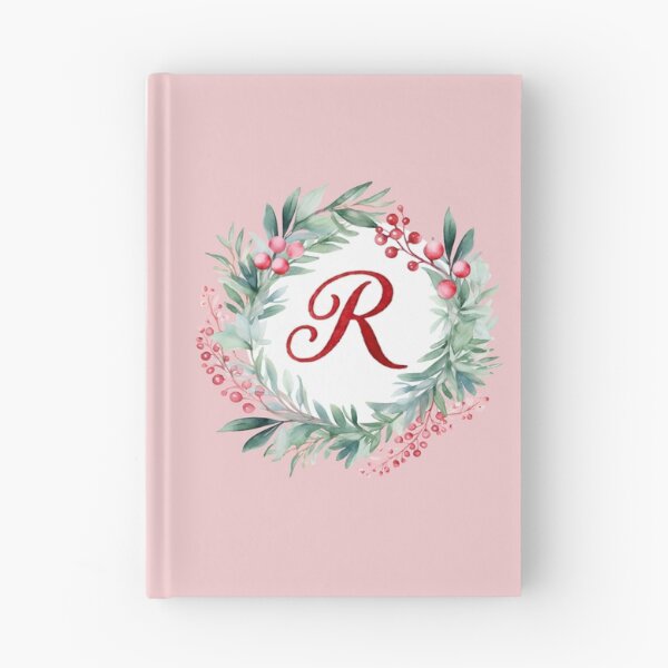 Item preview, R Initial Christmas Wreath with Pink Striped Background designed and sold by Feeling Artsy.