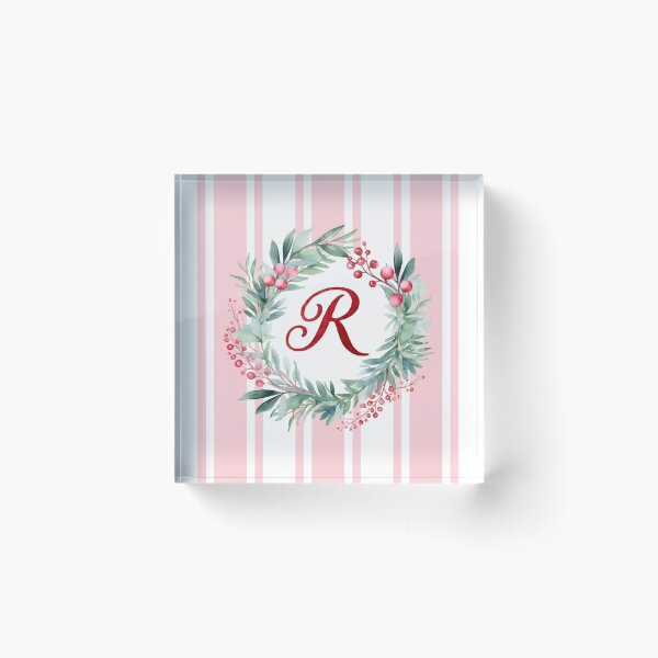 Item preview, R Initial Christmas Wreath with Pink Striped Background designed and sold by Feeling Artsy.