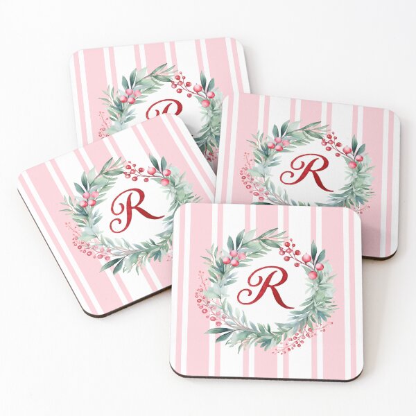 Item preview, R Initial Christmas Wreath with Pink Striped Background designed and sold by Feeling Artsy.