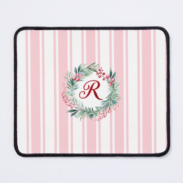Item preview, R Initial Christmas Wreath with Pink Striped Background designed and sold by Feeling Artsy.