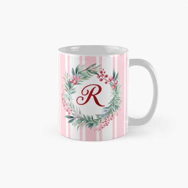 Item preview, R Initial Christmas Wreath with Pink Striped Background designed and sold by Feeling Artsy.
