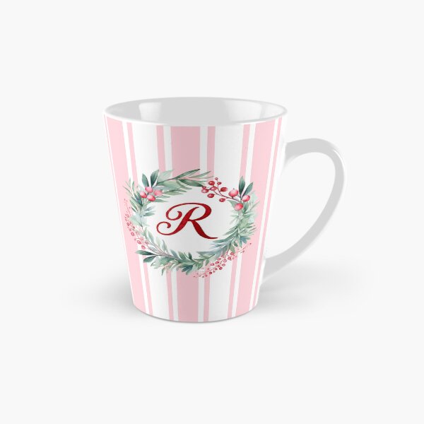 Item preview, R Initial Christmas Wreath with Pink Striped Background designed and sold by Feeling Artsy.