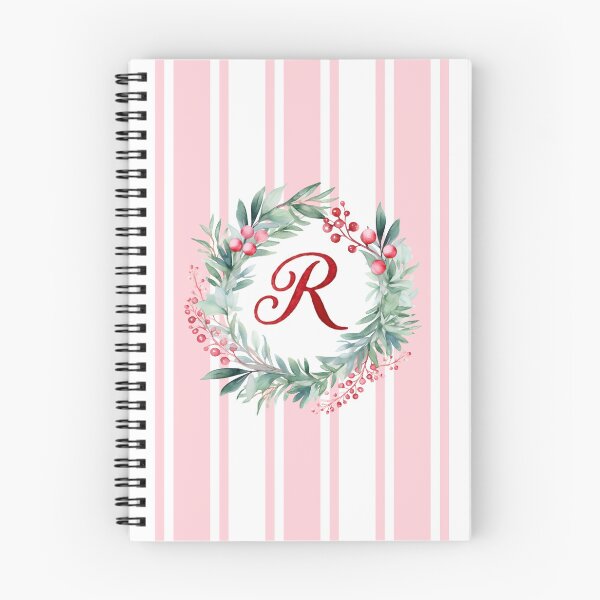 Item preview, R Initial Christmas Wreath with Pink Striped Background designed and sold by Feeling Artsy.