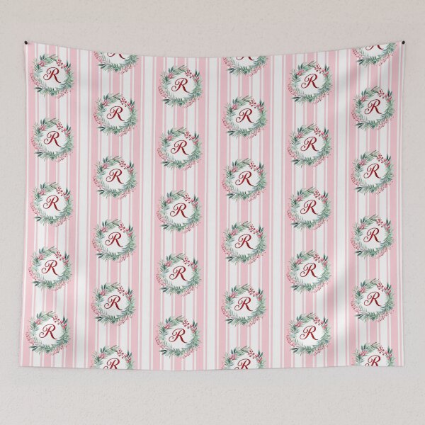 Item preview, R Initial Christmas Wreath with Pink Striped Background designed and sold by Feeling Artsy.