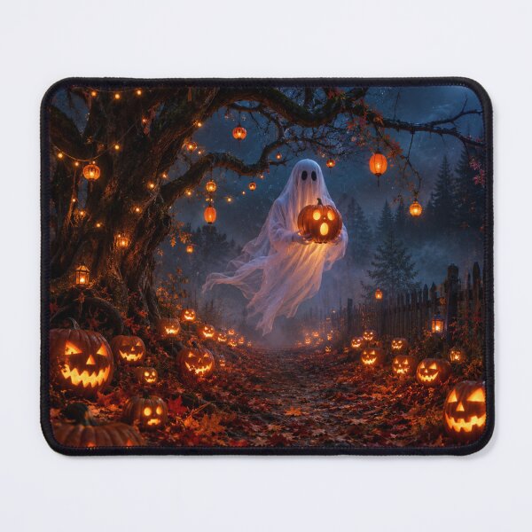 Item preview, Whimsical Halloween Ghost with Glowing Jack-o'-Lantern in Haunted Forest designed and sold by MimiSabu.