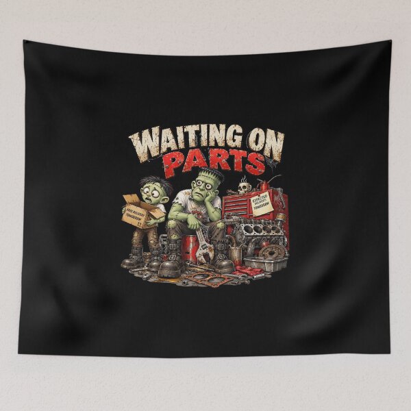 Item preview, Waiting on Parts – Funny Monster Mechanic Frank & Jr. Garage Humor designed and sold by Classic Chaos Creations.