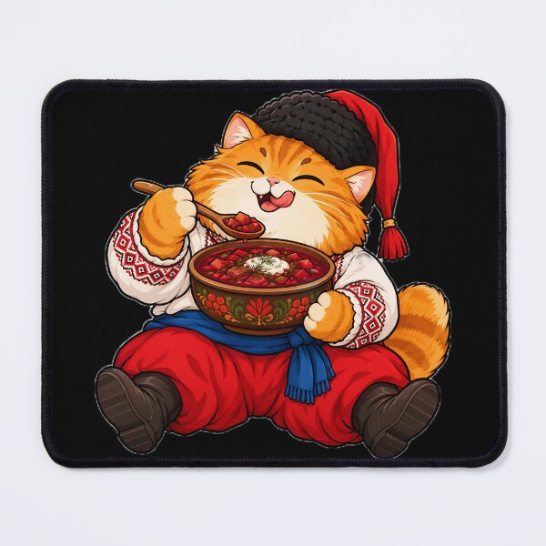 Item preview, Funny Cossack Cat Eating Borsch Ukrainian Soup designed and sold by ValhallaHub.