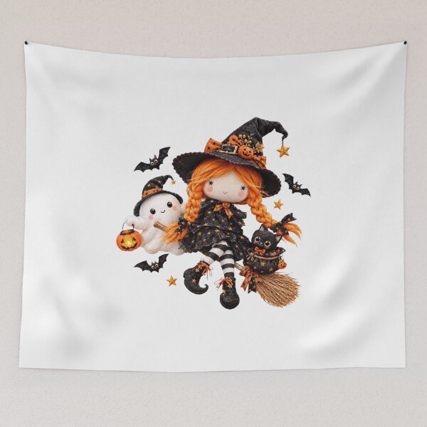 Item preview, Cute Witch Rag Doll Sticker, Halloween Broomstick Ghost and Black Cat Gift designed and sold by HoMya.