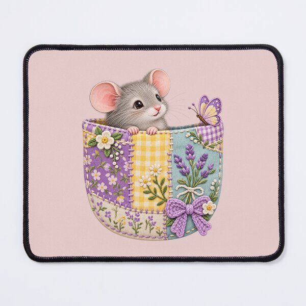 Item preview, Cute Mouse in a Lavender Patchwork Pocket with Butterfly designed and sold by AnyMar2023.