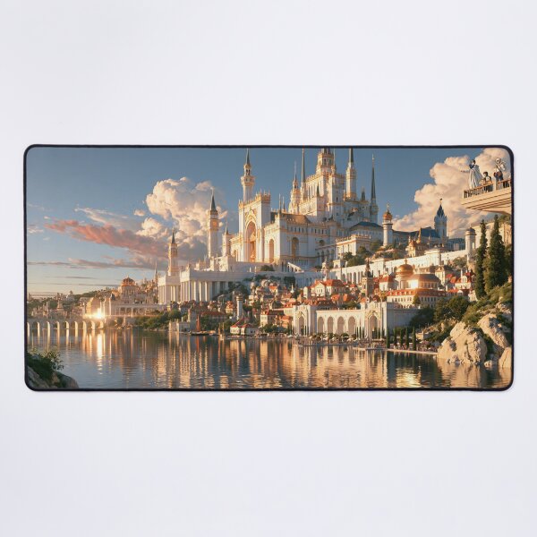 Item preview, Fantasy City Sunset Art – White Marble Castle Lake designed and sold by MerchMain.