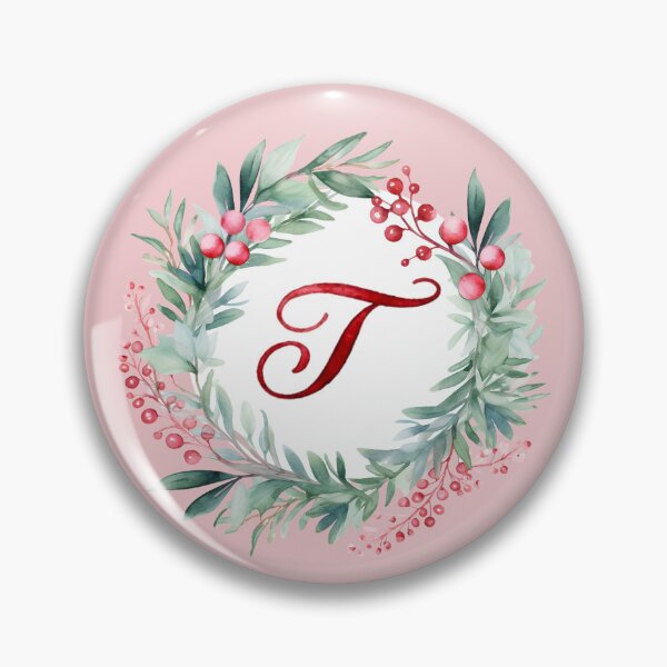 Item preview, T Initial Christmas Wreath with Pink Striped Background designed and sold by Feeling Artsy.