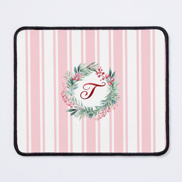Item preview, T Initial Christmas Wreath with Pink Striped Background designed and sold by Feeling Artsy.