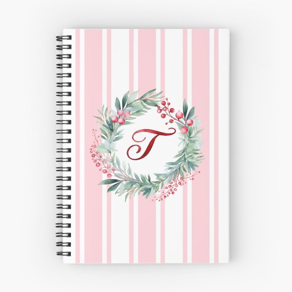 Item preview, T Initial Christmas Wreath with Pink Striped Background designed and sold by Feeling Artsy.