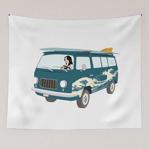 Artikelvorschau,  Vintage Teal Minibus with Surfboard. Copyright: © Collugraphic entworfen und verkauft von Collugraphic.