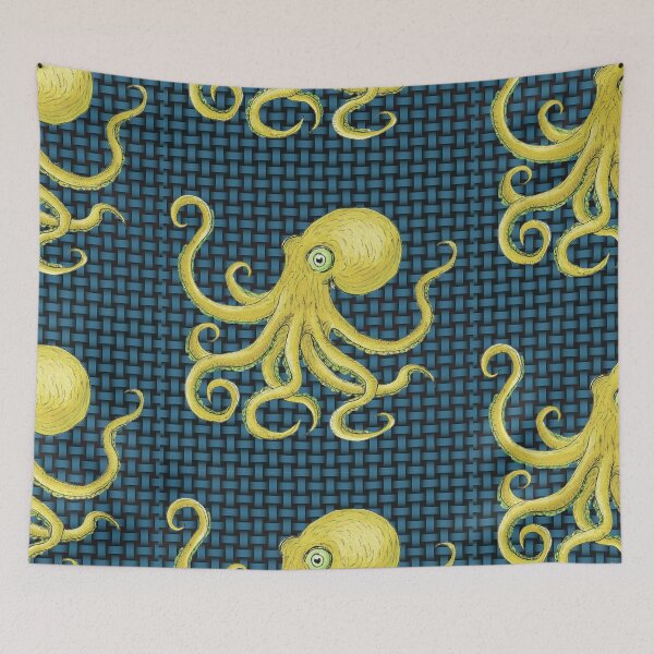 Item preview, Yellow Octopus on Woven Pattern  Marine Illustration designed and sold by Ihor Ivanov.