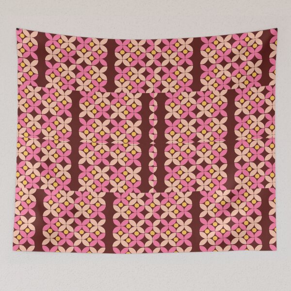 Item preview, Retro Pink and Gold Geometric Flower Pattern on Deep Plum  designed and sold by ArtwithRabbit.