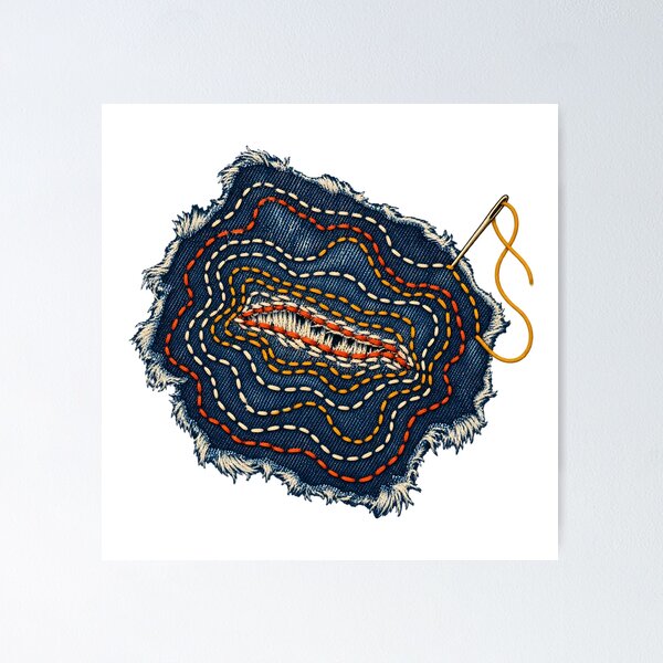 Aperçu de l'œuvre Réparation Visible Denim Aux Lignes Topographiques créée et vendue par Philippa Shop.