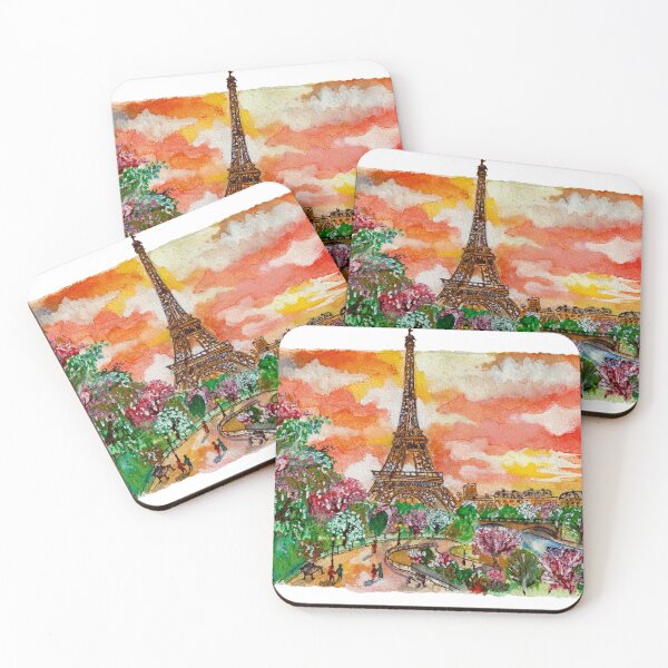 Item preview, Paris Eiffel Tower Cherry Blossom Pink Sky Watercolor designed and sold by DesseindImages.