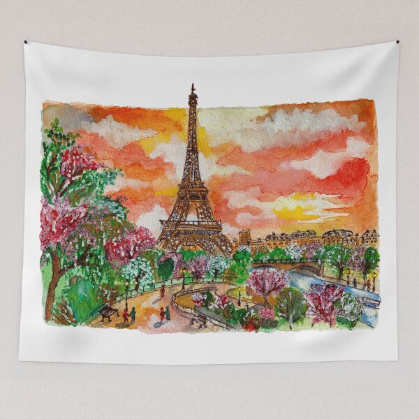 Aperçu de l'œuvre Paris Eiffel Tower Cherry Blossom Pink Sky Watercolor créée et vendue par DesseindImages.