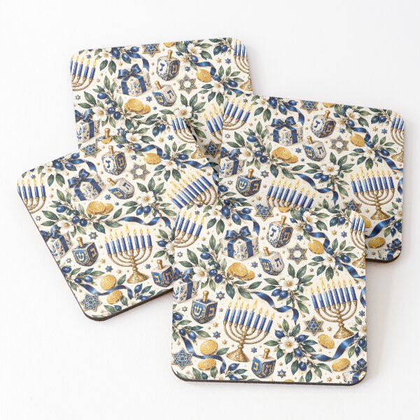 Item preview, Menorá de Janucá azul y dorada con dreidel y estampado floral designed and sold by Gold Turtle Lina.