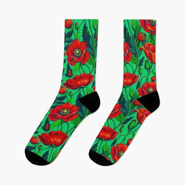 Item preview, Estampado de amapolas rojas - Arte floral sobre fondo verde en acuarela designed and sold by FemmePod.