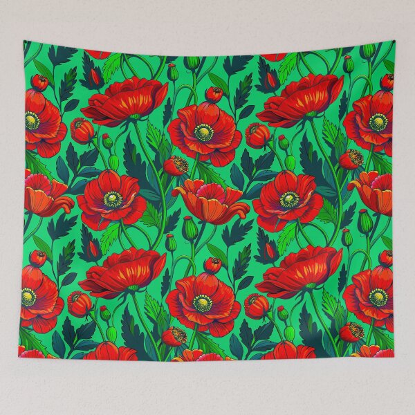 Artikelvorschau, Rotes Mohnblumenmuster – Aquarell-Blumenkunst auf grünem Hintergrund entworfen und verkauft von FemmePod.