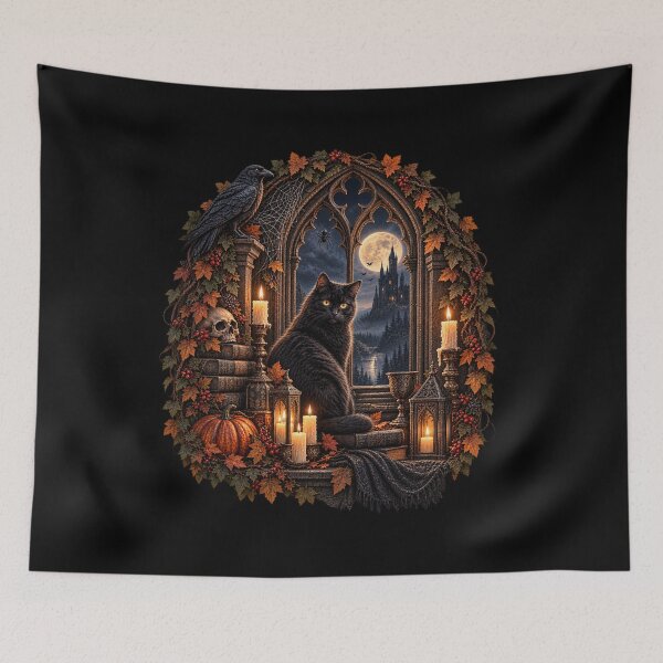Item preview, The Cat at the Gothic Window – Gothic Halloween Design designed and sold by Scarlett-Goods.