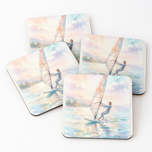 Item preview, A watercolor painting of a woman windsurfing at sunset designed and sold by homydesign.