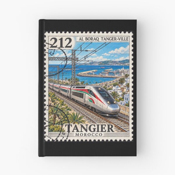 Aperçu de l'œuvre Timbre de voyage vintage Tanger Maroc, art du train créée et vendue par InPrintedWord.