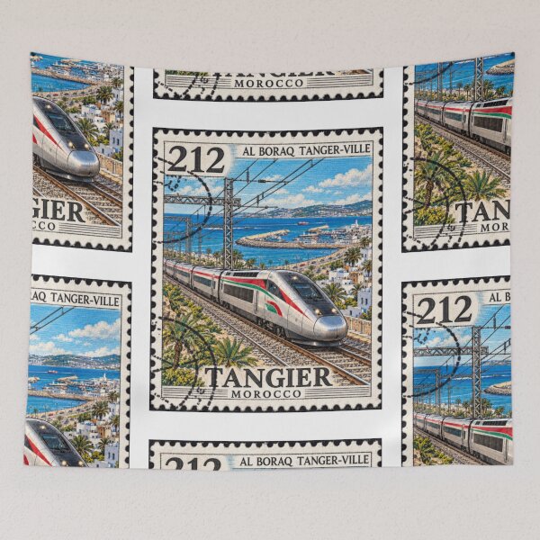 Item preview, Vintage Tangier Morocco Travel Stamp Train Art designed and sold by InPrintedWord.