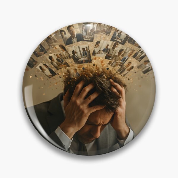 Item preview, A stressed adult man clutches his head as numerous small images and particles explode from it, symbolizing mental overload and anxiety designed and sold by homydesign.