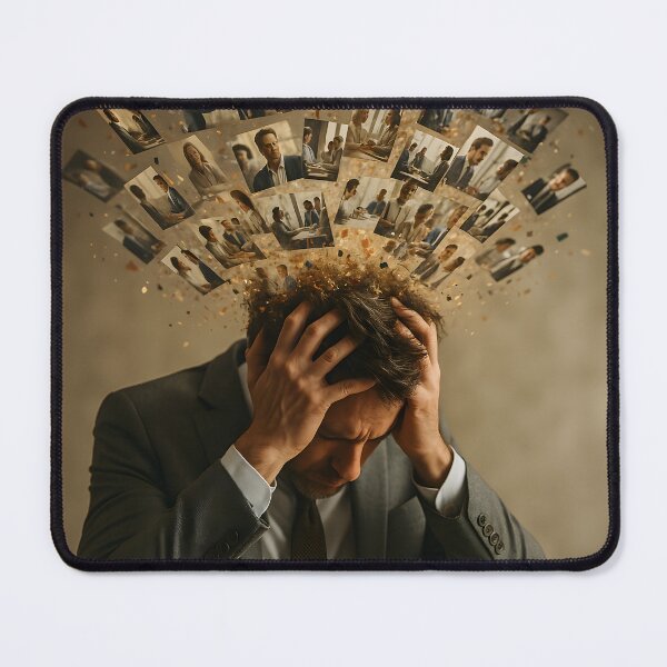 Item preview, A stressed adult man clutches his head as numerous small images and particles explode from it, symbolizing mental overload and anxiety designed and sold by homydesign.