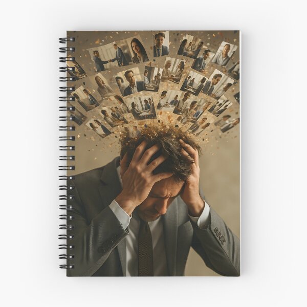 Item preview, A stressed adult man clutches his head as numerous small images and particles explode from it, symbolizing mental overload and anxiety designed and sold by homydesign.