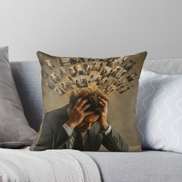 Item preview, A stressed adult man clutches his head as numerous small images and particles explode from it, symbolizing mental overload and anxiety designed and sold by homydesign.