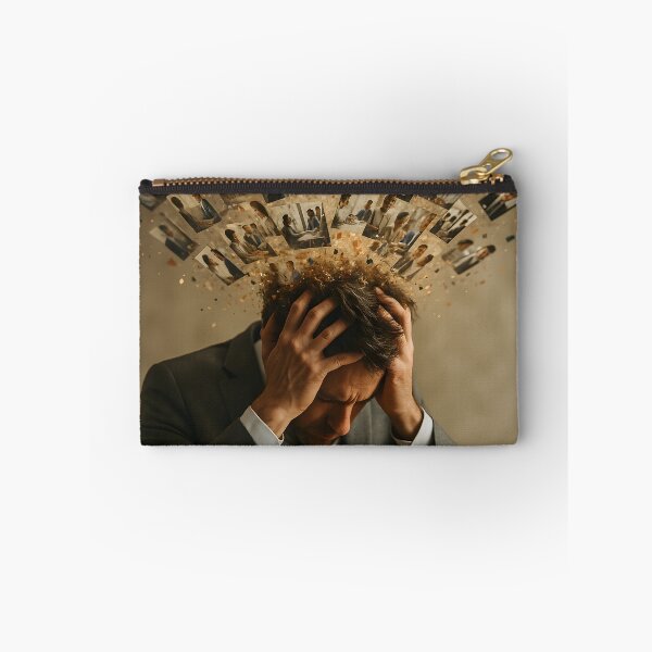 Item preview, A stressed adult man clutches his head as numerous small images and particles explode from it, symbolizing mental overload and anxiety designed and sold by homydesign.